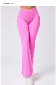 Detail der hoch taillierten neonpinken Schlag-Yogahose aus dehnbarem Schnelltrocknungsmaterial