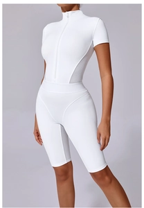 Close-up of breathable mesh panels on a white high-elastic yoga bodysuit