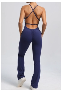 Detail of cross-back straps and scrunch butt lifting design on flare yoga bodysuit