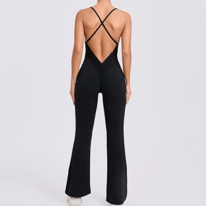 Combinaison de Yoga à Jambe Évasée et Dos Croisé pour Femme Haute Élasticité Fesses Plissées Bretelles Réglables Fitness