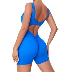 Bright blue quick-dry backless sports bodysuit with ruched detail for fitness and yoga