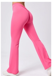 Detail der hoch taillierten Yoga-Schlaghose mit Pfirsich-Lift-Effekt in Pink-Optik