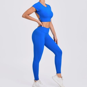 Ensemble de yoga bleu roi 2 pièces avec haut dos nu et leggings de sport serrés
