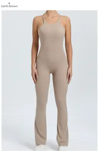 Close-up of Earth Brown flare yoga jumpsuit featuring cross-back straps and slim fit