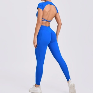 Survêtement de Yoga Dos Croisé pour Femmes Couleur Unie Leggings Taille Haute et Haut à Manches Courtes Vêtements de Sport