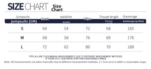 Size chart for yoga jumpsuits detailing bust, waist, and hips measurements in cm
