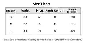 Detaillierte Größentabelle für High-Waist Yoga-Hosen mit Angaben zu Taille und Hüfte