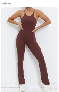 Detail of coffee brown yoga jumpsuit featuring adjustable straps and flared leg design