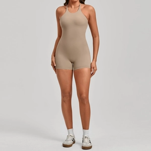 Close-up of khaki halter neck sports bodysuit with backless design and shaping fabric