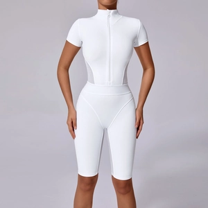 Women Short Sleeve Yoga Bodysuit Zipper Front Mesh Patchwork Sporty Romper Tight Fitting Fitness Workout One Piece Jumpsuit