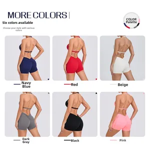 High-waist yoga shorts for women in six colors featuring a backless cross-strap design