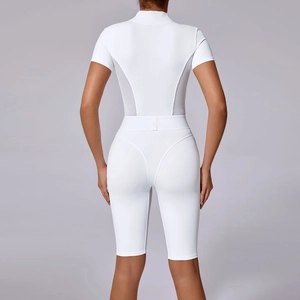 White short sleeve yoga romper with mesh panels and zippered collar for women