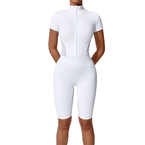 White short sleeve yoga romper for women with front zipper and breathable mesh waist