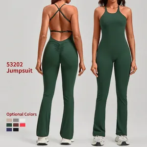 Women Backless Yoga Jumpsuit Flared Leg Ruched Butt Gym Fitness Romper Nylon Spandex Bodysuit Top And Bottom