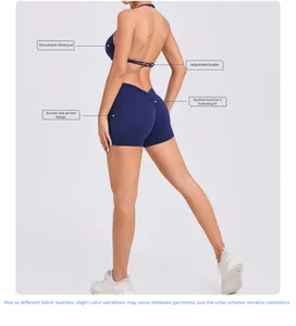 Detail of navy yoga set featuring adjustable back buckle and ruched bum lifting seam