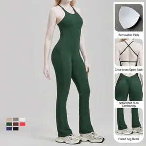 Deep green backless yoga jumpsuit with flared pants and adjustable cross straps