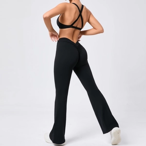 Completo Yoga da Donna Slim Fit Spazzolato Reggiseno Sportivo Incrocio e Leggings a Campana Vita Alta Arricciatura Palestra