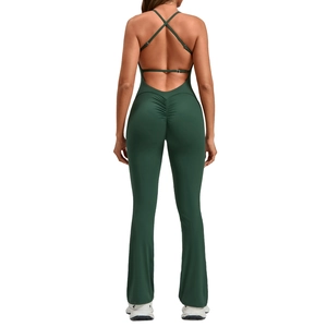Dark green backless yoga jumpsuit with adjustable straps and flared leggings style