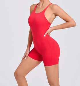 Close-up of red high-elastic quick-dry yoga bodysuit with racerback and seamless stitching