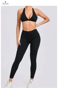 Détail du soutien-gorge de yoga noir et legging en tissu extensible à séchage rapide