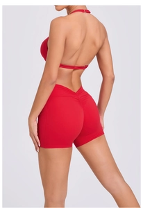 Detail view showing V-cut high waist yoga shorts with scrunch butt lifting and side pockets