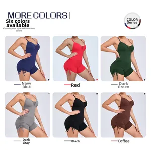 Detail view showing six colors of open back yoga rompers with side drawstring and cutouts