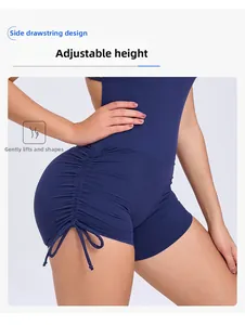 Detail of the side drawstring adjustment on a navy yoga bodysuit with lifting effect