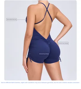 Detail of navy blue sports romper with back ruching and side drawstring adjustment