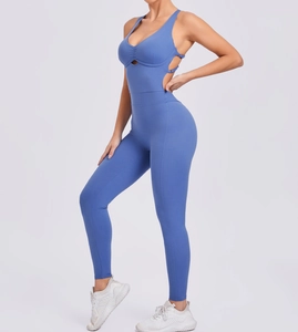 Close-up of blue yoga jumpsuit showing the hollow-out detail and sexy open back strap design
