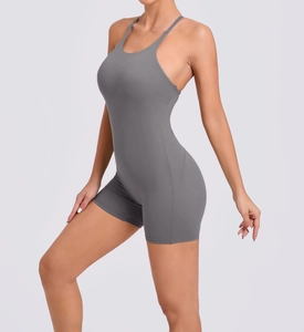 Detail of grey seamless yoga bodysuit with U-neck straps and bodycon fit for fitness