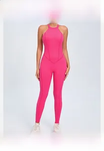 Close-up of rose red yoga bodysuit featuring back buckle and hollow out back design
