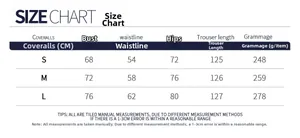 Detailed size chart for yoga coveralls including bust, waist, hips and length in cm