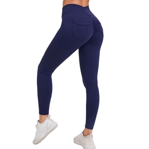 Dunkelblaue Yoga-Leggings mit hoher Taille, Push-Up-Effekt und praktischen Seitentaschen