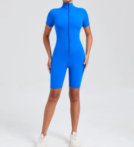 Detail of navy blue short sleeve yoga bodysuit featuring a front zipper closure
