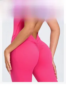Close-up detail of the scrunch butt design on rose red backless yoga bodysuit