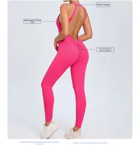 Pink backless yoga bodysuit with back buckle and ruched detail for butt lifting