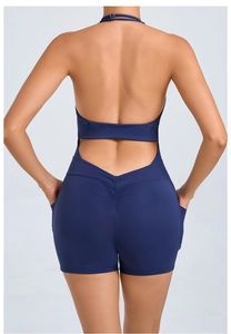 Detail view of backless yoga bodysuit with V-cut waist, scrunch butt and side pockets