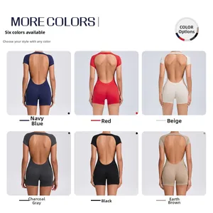 Detail view of backless yoga jumpsuit showing six color options and U-shaped back design
