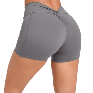 Women's gray high waist yoga shorts with scrunch butt lift and side pockets
