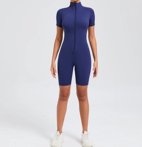 Close-up of deep blue yoga bodysuit featuring a front zipper and high elastic fabric