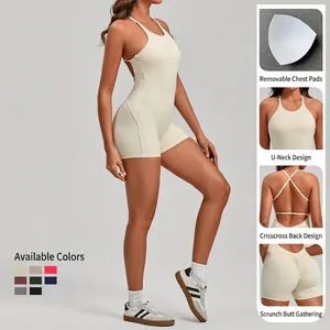 Slim fit cream yoga jumpsuit with back cross straps and scrunch butt lifting effect