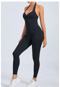 Detail of racerback yoga jumpsuit with side pockets and pleated chest design