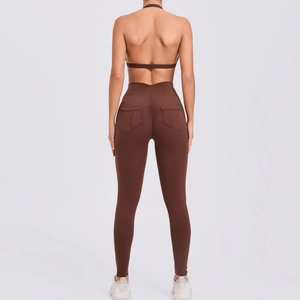 Tenue de Yoga Femme Brassière de Sport Dos Nu Halter et Leggings à Poches Séchage Rapide Amincissant Fronces Fessiers Survêtement Fitness