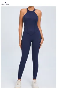Close-up of navy blue backless yoga jumpsuit with halter neck and body-shaping seams