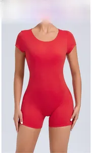 Front view of a red short-sleeved backless yoga bodysuit with high-stretch slim fit design