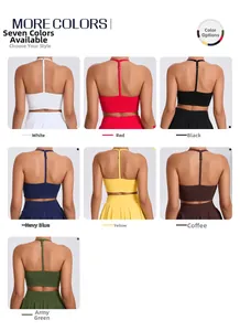 Collage of women's sports bras in seven colors showing the Y-back design and elastic fabric