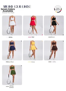 Tennis sports set featuring racerback bra and pleated skirt in seven vibrant colors