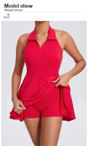Detailed view of red halter neck sports dress with built-in safety shorts and collar