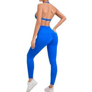 Ensemble de yoga bleu marine avec brassière dos nu et legging froncé pour femme
