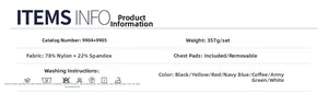 Detailed fabric specification of 78% nylon sport set with weight and laundry instructions